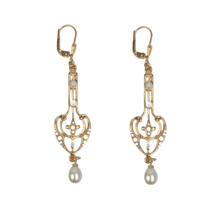 Ohrhänger Jugendstil mit Süsswasser-Perlen in rot/roségoldfarben von Schmidt, 6,5 cm lang, 925 Silber