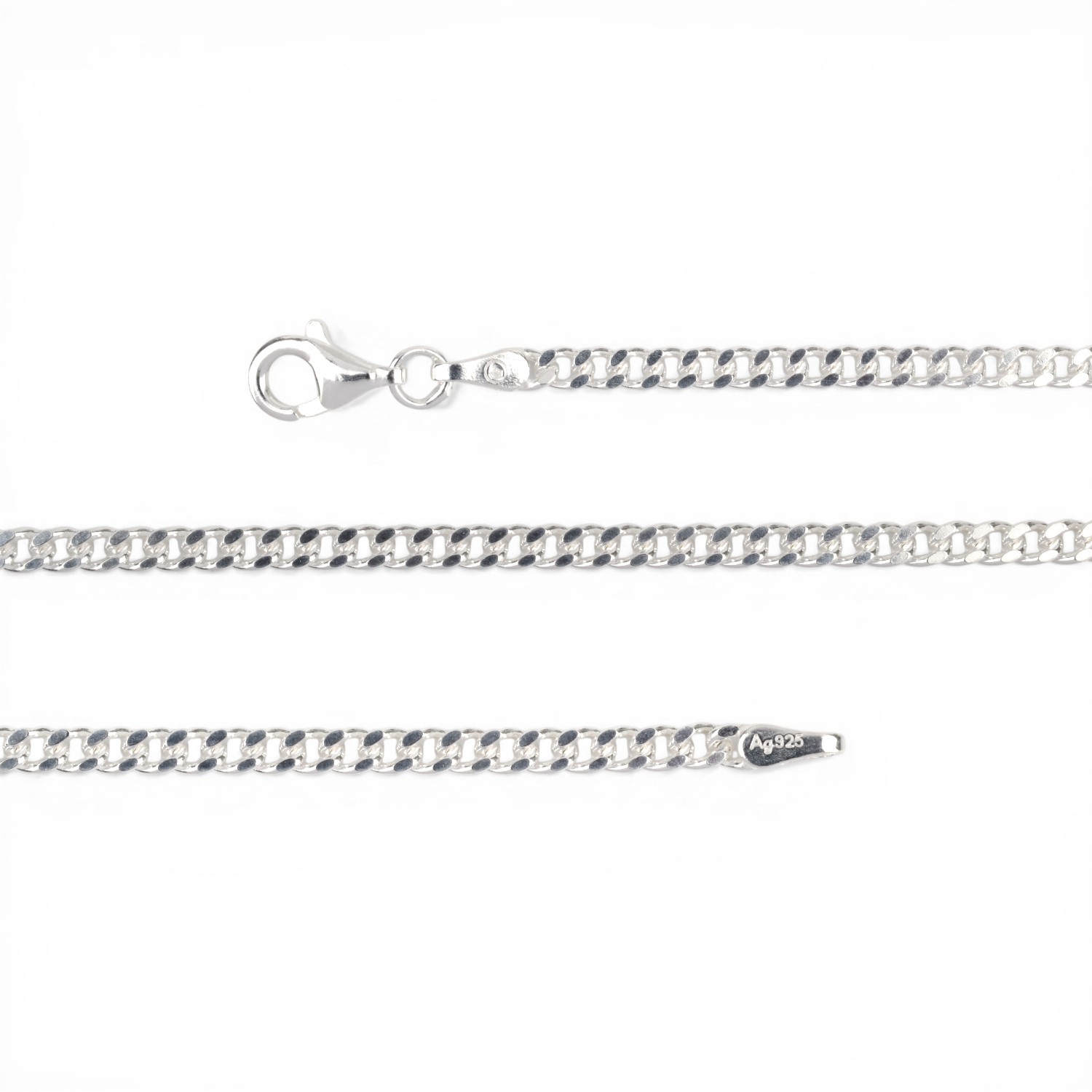 Schmidt Silberkette 925 mit Karabiner, Flachpanzer, 55cm für Herren und Damen, ca. 2,7mm breit