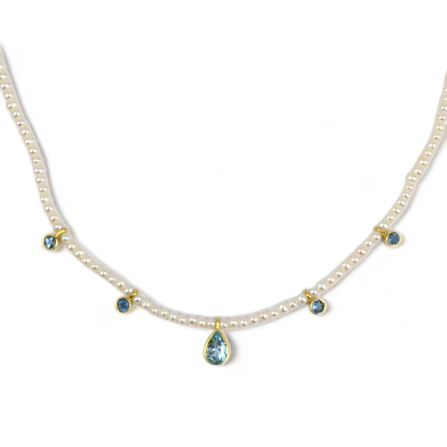 Schmidt Perlencollier 585 Gelbgold mit 5 Blautopas-Anhängern für Damen, 45 cm, Süsswasser-Perlen