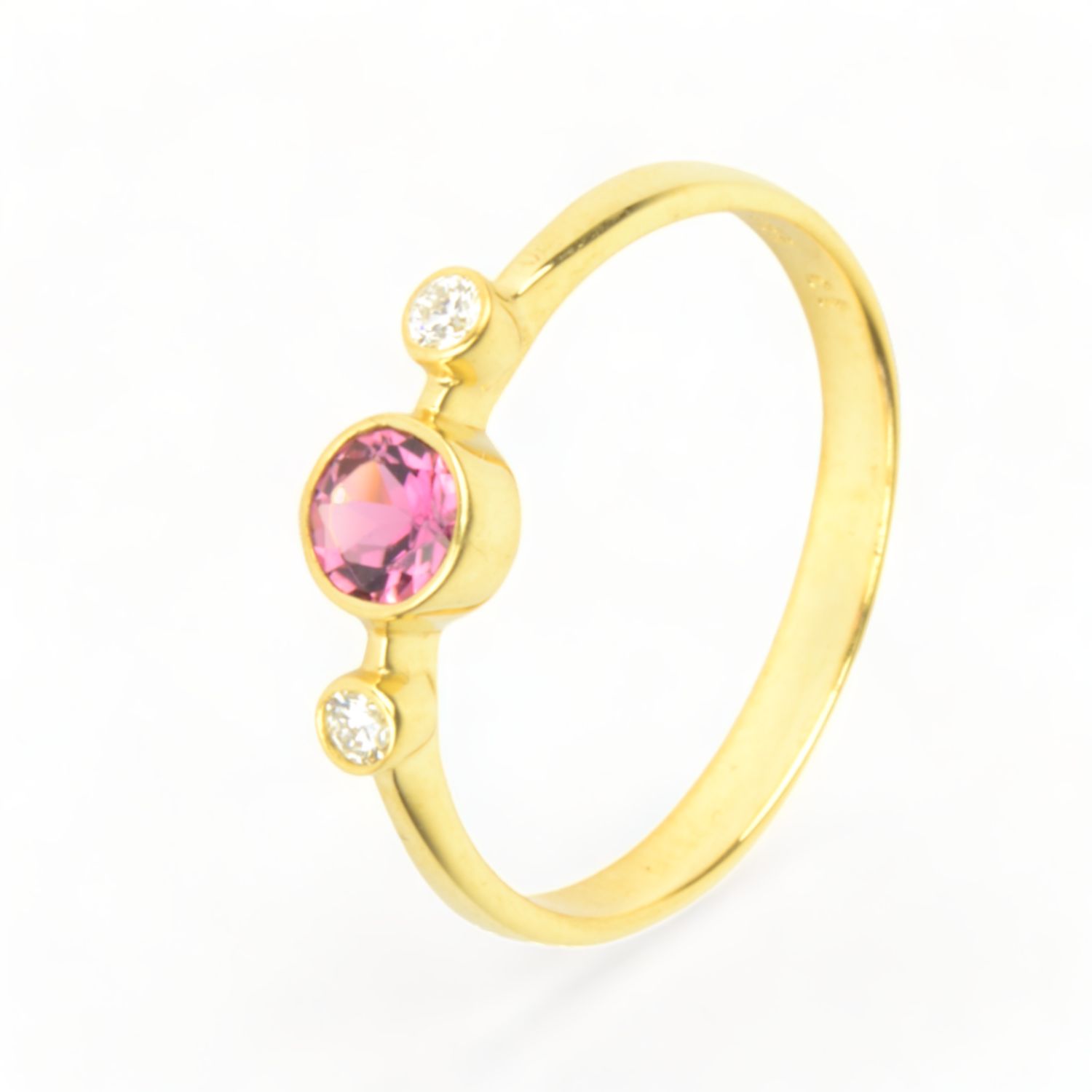 Schmidt Damenring aus 585 Gelbgold mit rosa Turmalin und 2 Brillanten, Mittelfassung Ø 5mm