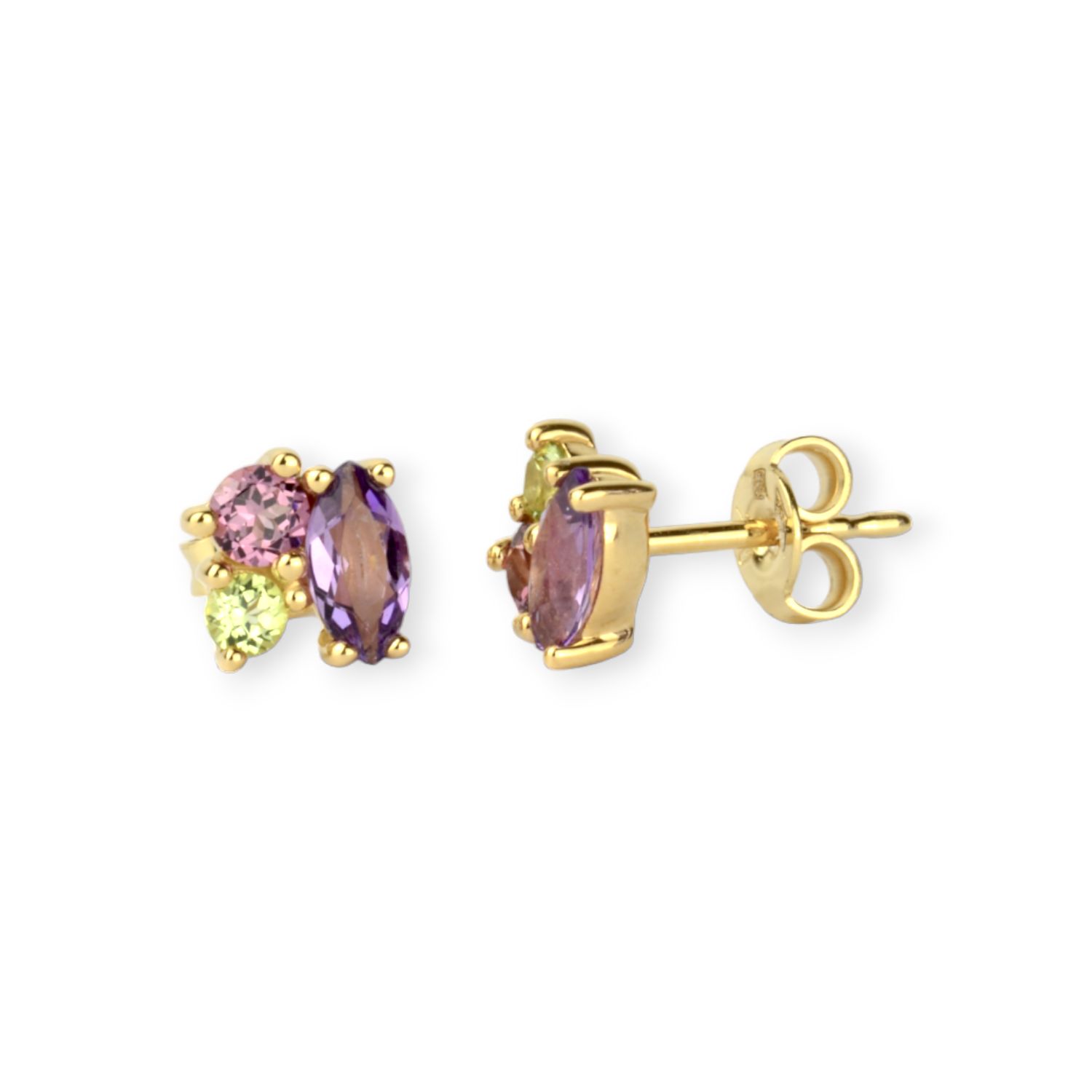 Schmidt Ohrstecker aus 750er Gold mit Amethyst, Peridot & Rhodonit für Damen, ca. 6,8mm, goldfarben
