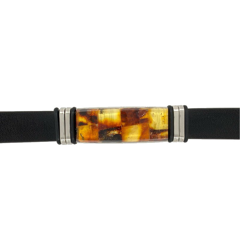 Schmidt Armband Bernstein Leder für Herren & Damen, 14mm breit, Edelstahl, 21cm kürzbar, braun-schwarz