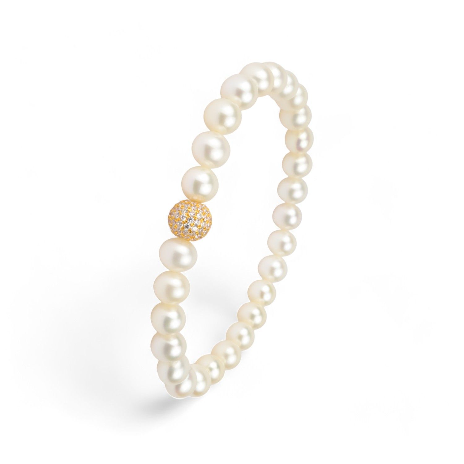 Schmidt Perlarmband Damen mit Glitzerkugel aus vergoldetem Silber und Zirkonia, 18,5 cm, goldfarben/weiß