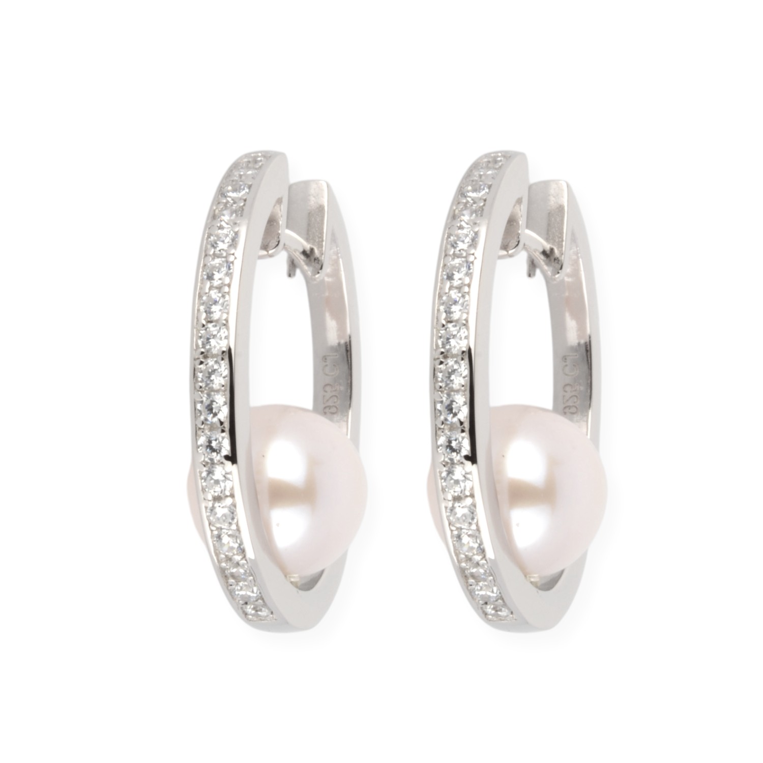 Schmidt Klappcreolen aus 925 Silber mit Zirkonia und Süsswasser-Perlen, Damen Ohrschmuck, silberfarben