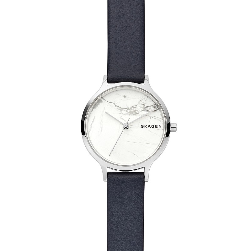 Skagen Anita Damenuhr, Lederarmband schwarz, Gehäuse Edelstahl, 5 Bar