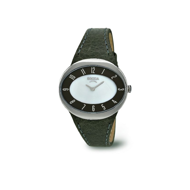 Boccia Damen Armbanduhr Titan 36mm silberfarben mit braunem Lederarmband, Quarz-Analog, 5 Bar wasserdicht