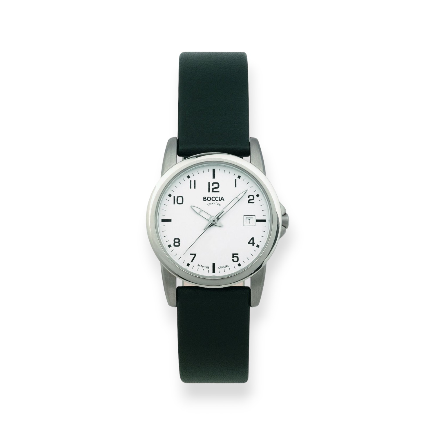 Boccia Damenarmbanduhr aus Titan mit schwarzem Lederarmband, 29 mm, Quarz-Analog, silberfarben, 5 Bar