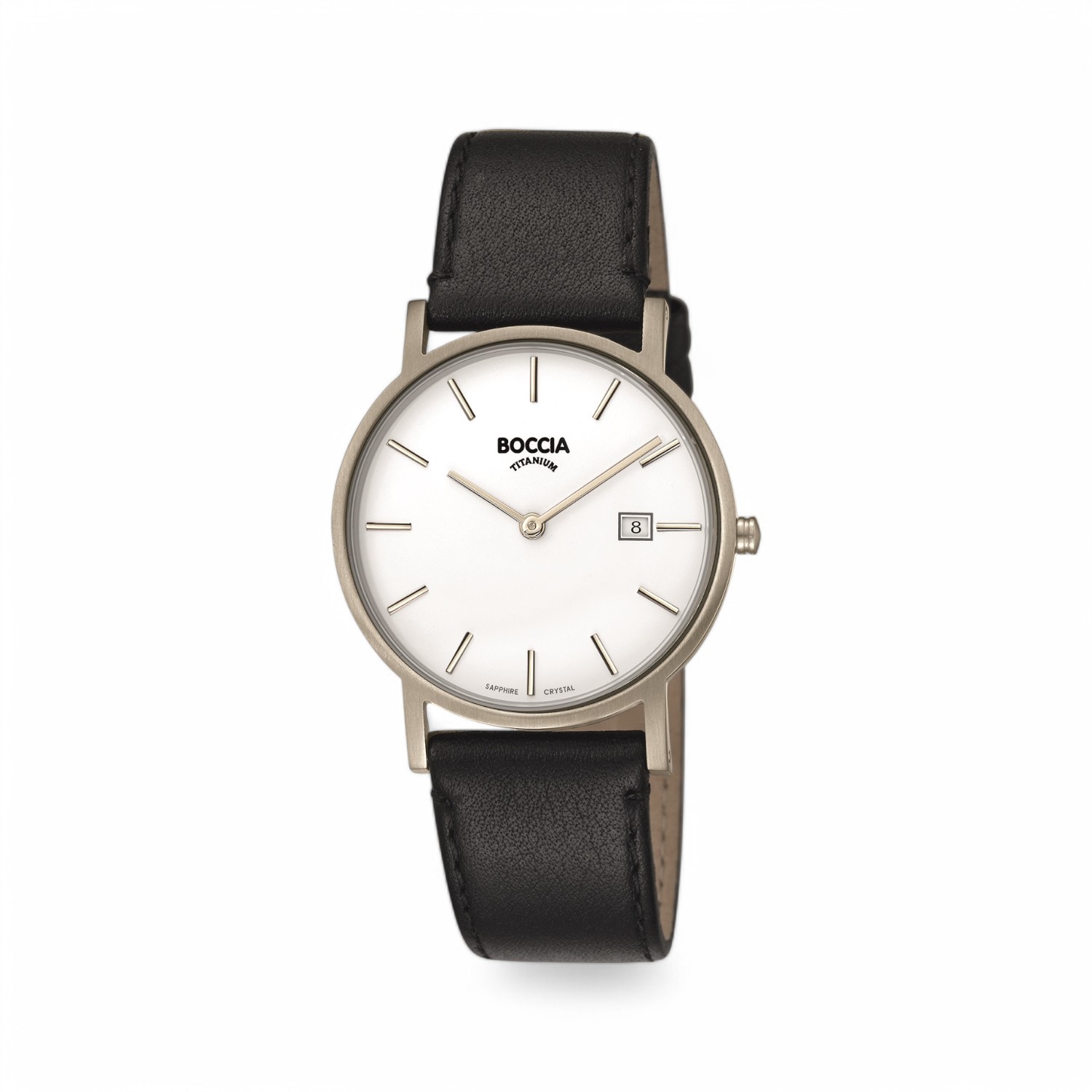 Boccia Herrenarmbanduhr Titan mit Lederarmband, silberfarben, Quarz-Analog, 37mm, Safirglas, 5 Bar wasserdicht