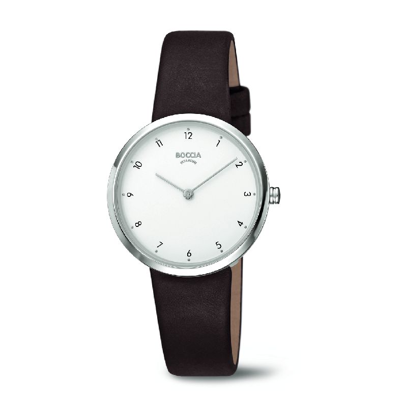 Boccia Damen Armbanduhr Titan, 32mm Gehäuse, Lederarmband braun, Wasserdicht 3 Bar