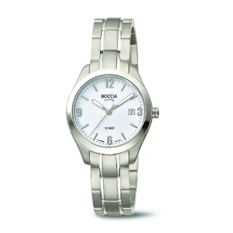Boccia Damenarmbanduhr aus Titan mit 30 mm Gehäuse, silberfarben, Quarz-Analog, Safirglas, 10 Bar wasserdicht