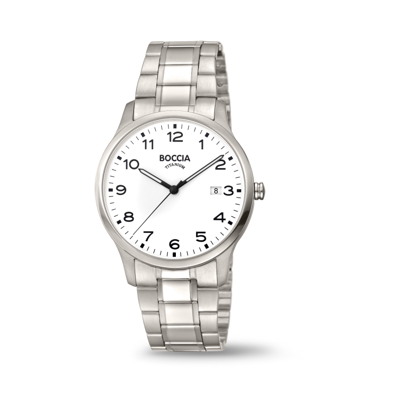 Boccia Herrenarmbanduhr Titan, Quarz-Analog, 39mm, silber/weiß, wasserdicht 5 Bar