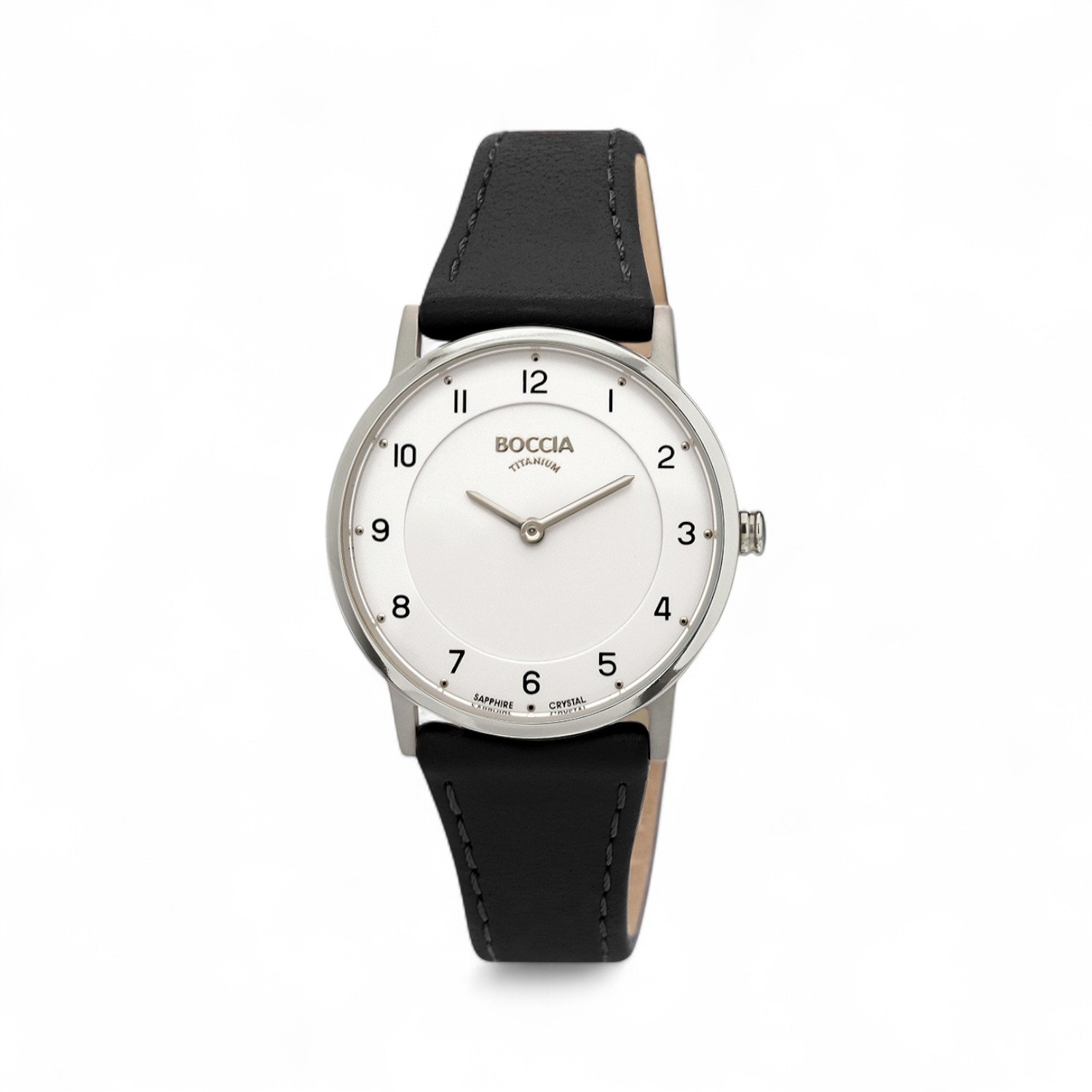 Boccia Damen Armbanduhr Titan Safirglas, Lederarmband Silber Schwarz, 32mm Wasserdicht 5 Bar