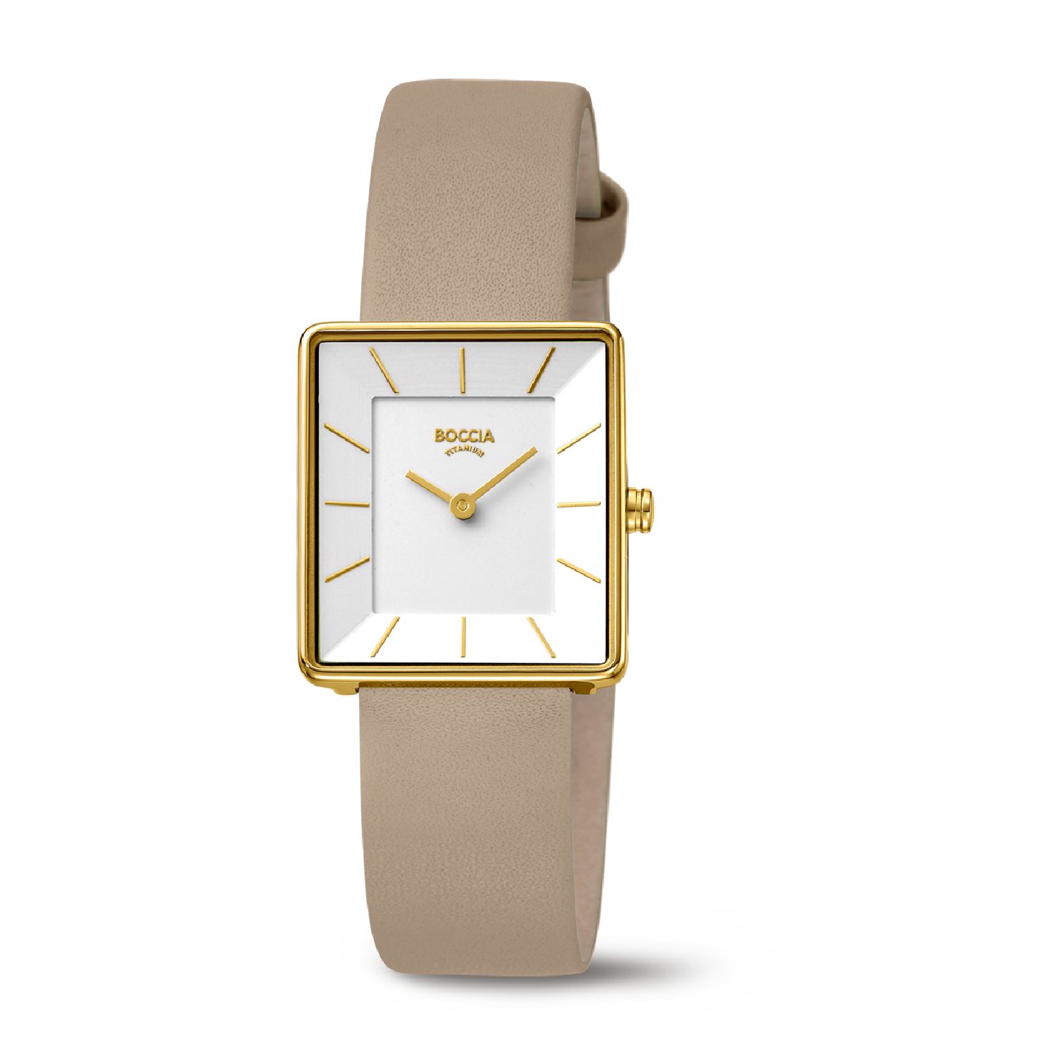 Boccia Damenarmbanduhr Titan Goldplattiert, Lederband Weiß Beige, 25mm, Wasserdicht 3 Bar