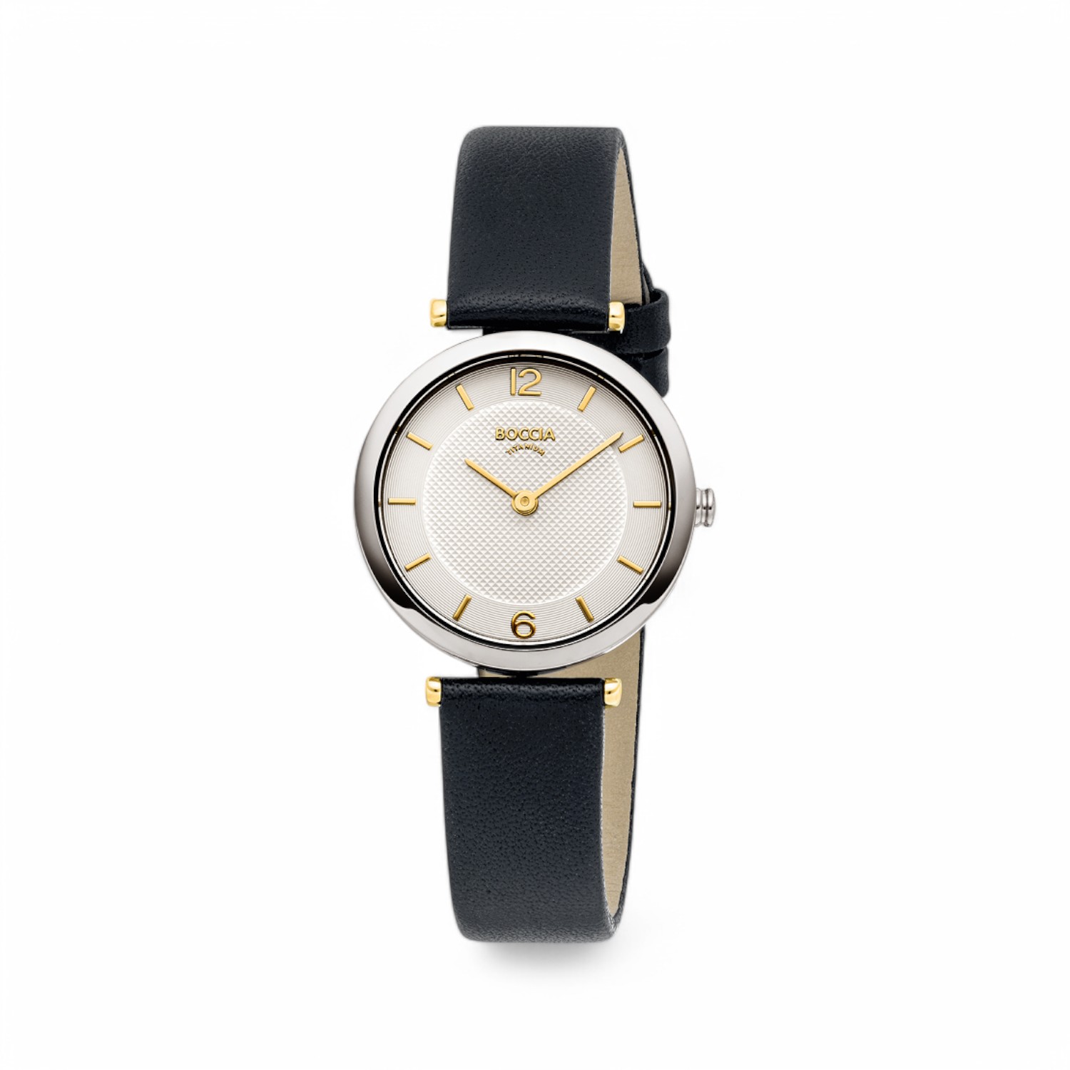 Boccia Damenarmbanduhr Titan Bicolor 30mm Quarz-Analog mit Lederarmband, silber-gold-schwarz, 5 Bar