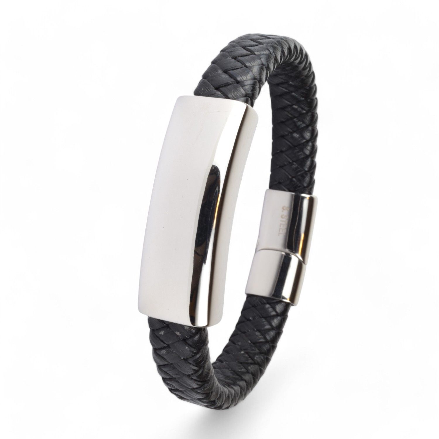 Schmidt Herren Armband geflochten aus Leder und Edelstahl, schwarz-silber, 21,5 cm, gravierbar