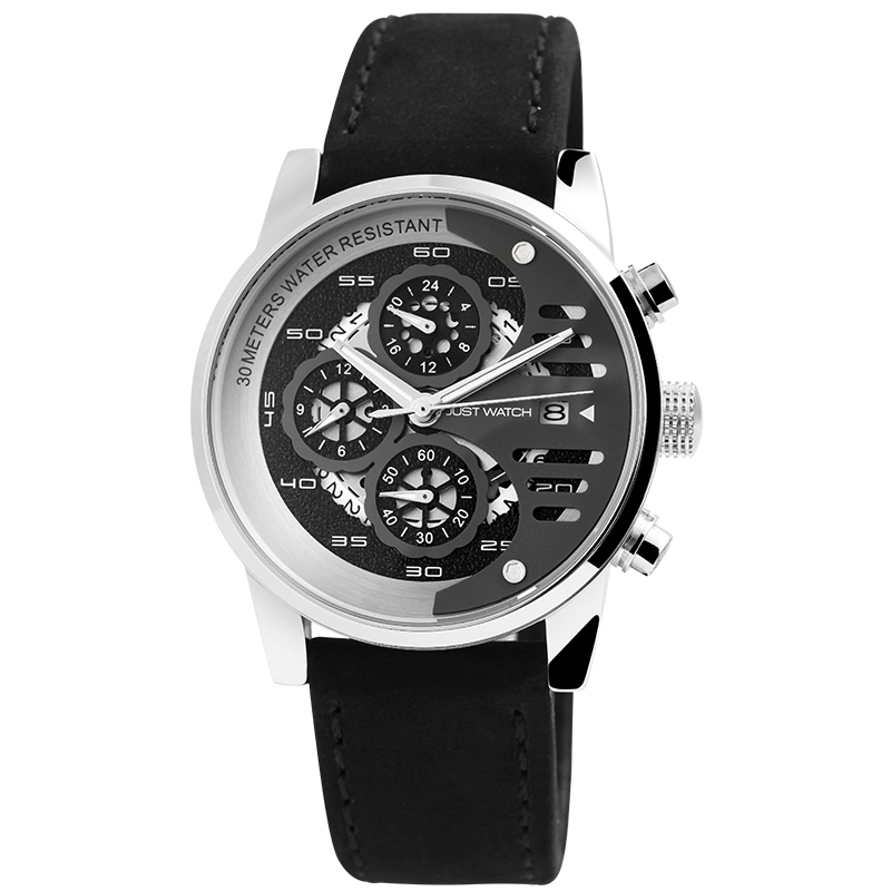 Just Watch Herrenuhr 42mm Lederarmband Silber Schwarz, Multifunktionswerk, Datum, 3 Bar