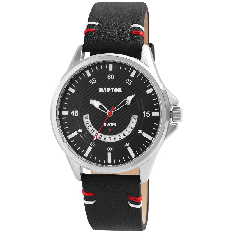 RAPTOR Herrenuhr, 44mm Edelstahlgehäuse, Lederband, Wasserdicht 5 Bar, Silber-Schwarz