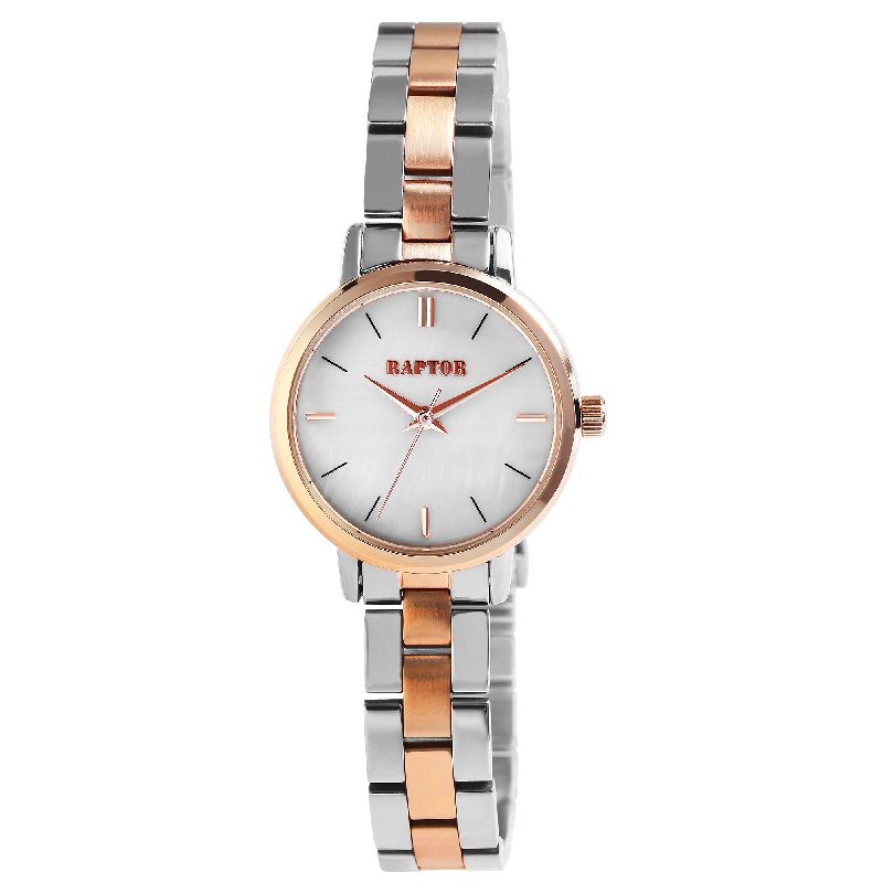 RAPTOR Damen Armbanduhr 29mm Edelstahl Silber Roségold Weiß, Mineralglas, Wasserdicht