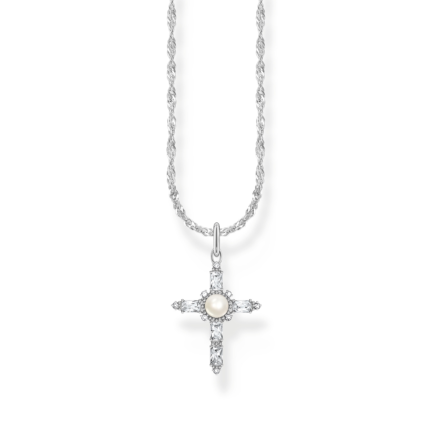 Thomas Sabo Damen Kette mit Kreuzanhänger aus 925 Silber, Zirkonia & Süsswasser-Perle, 40-45 cm