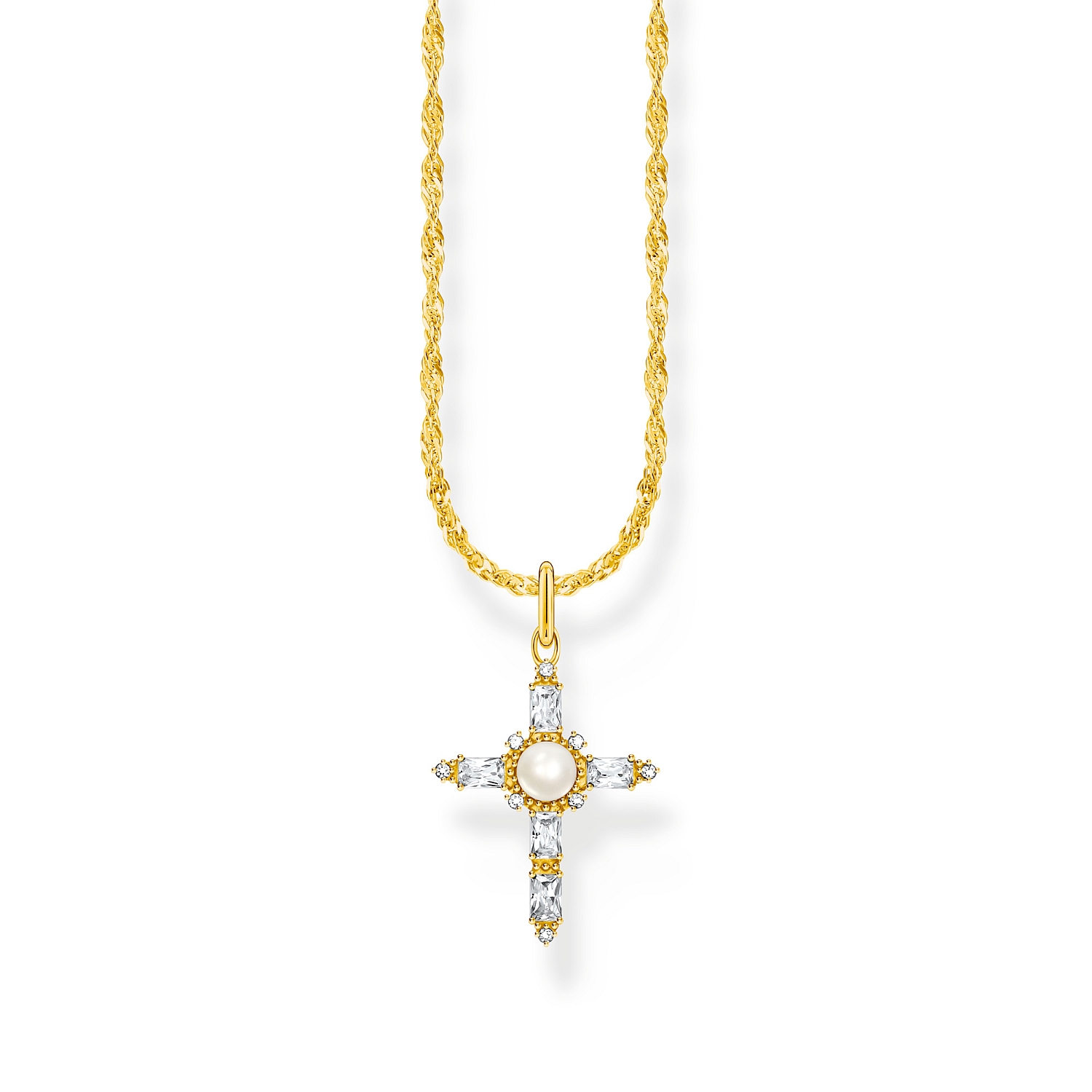 Thomas Sabo Damen Kette mit goldfarbenem Kreuzanhänger aus 925 Silber und Zirkonia, 40-45 cm