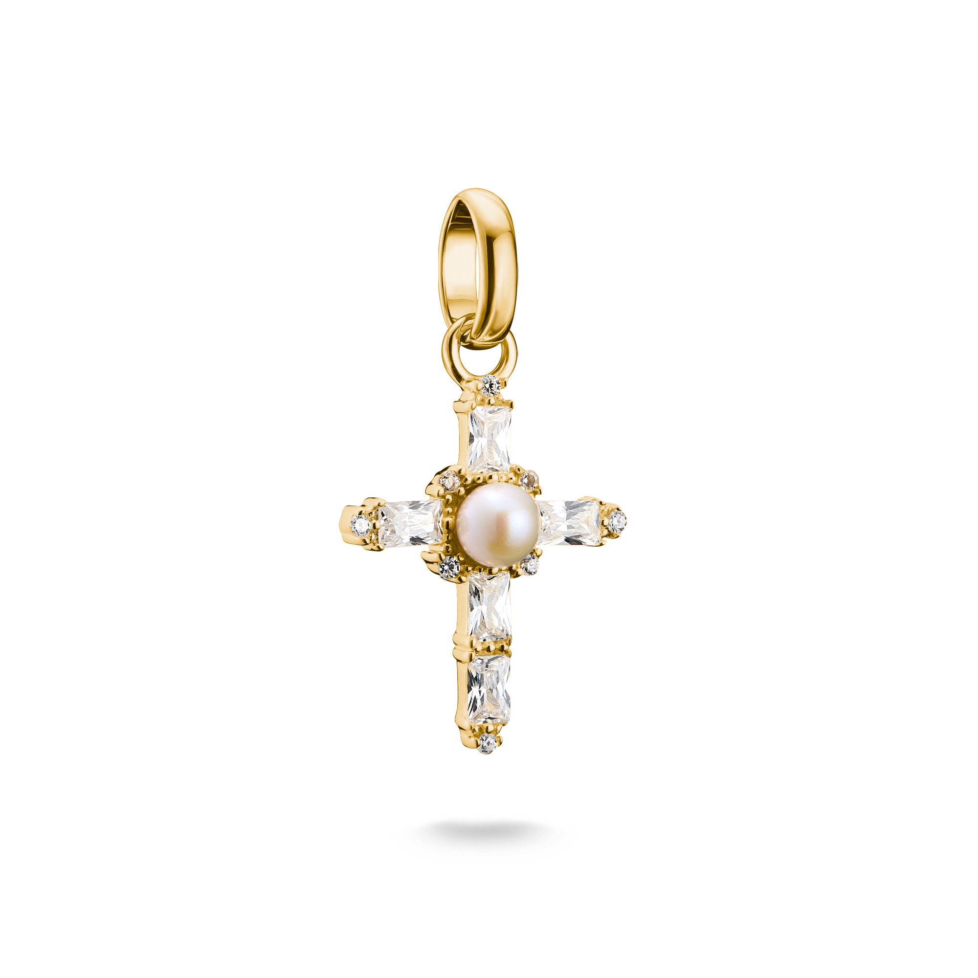 Thomas Sabo Vintage-Kreuz Charm-Anhänger für Damen aus 925er Silber vergoldet mit Süsswasser-Perle und