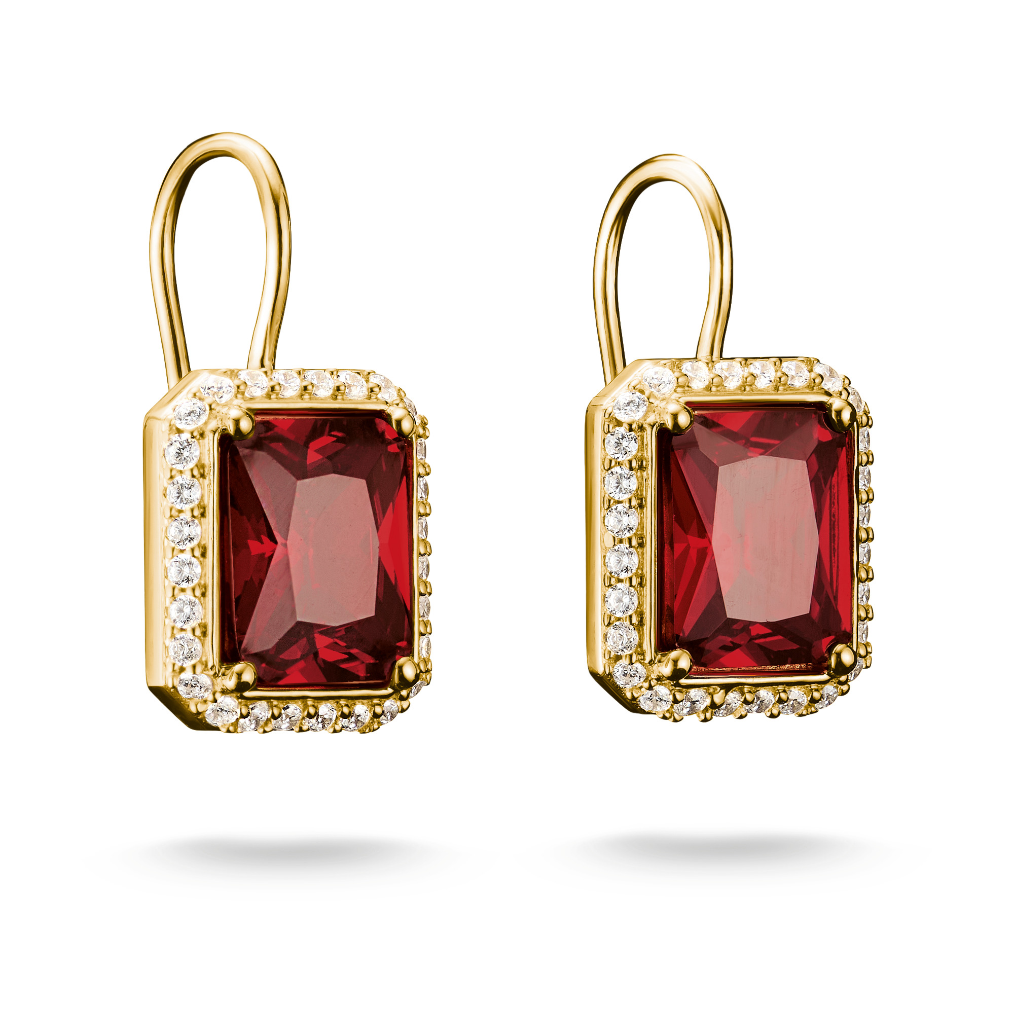 Thomas Sabo Ohrringe mit roten Achtecksteinen, 18k vergoldet, Zirkonia, 11x23mm, für Damen, goldfarben