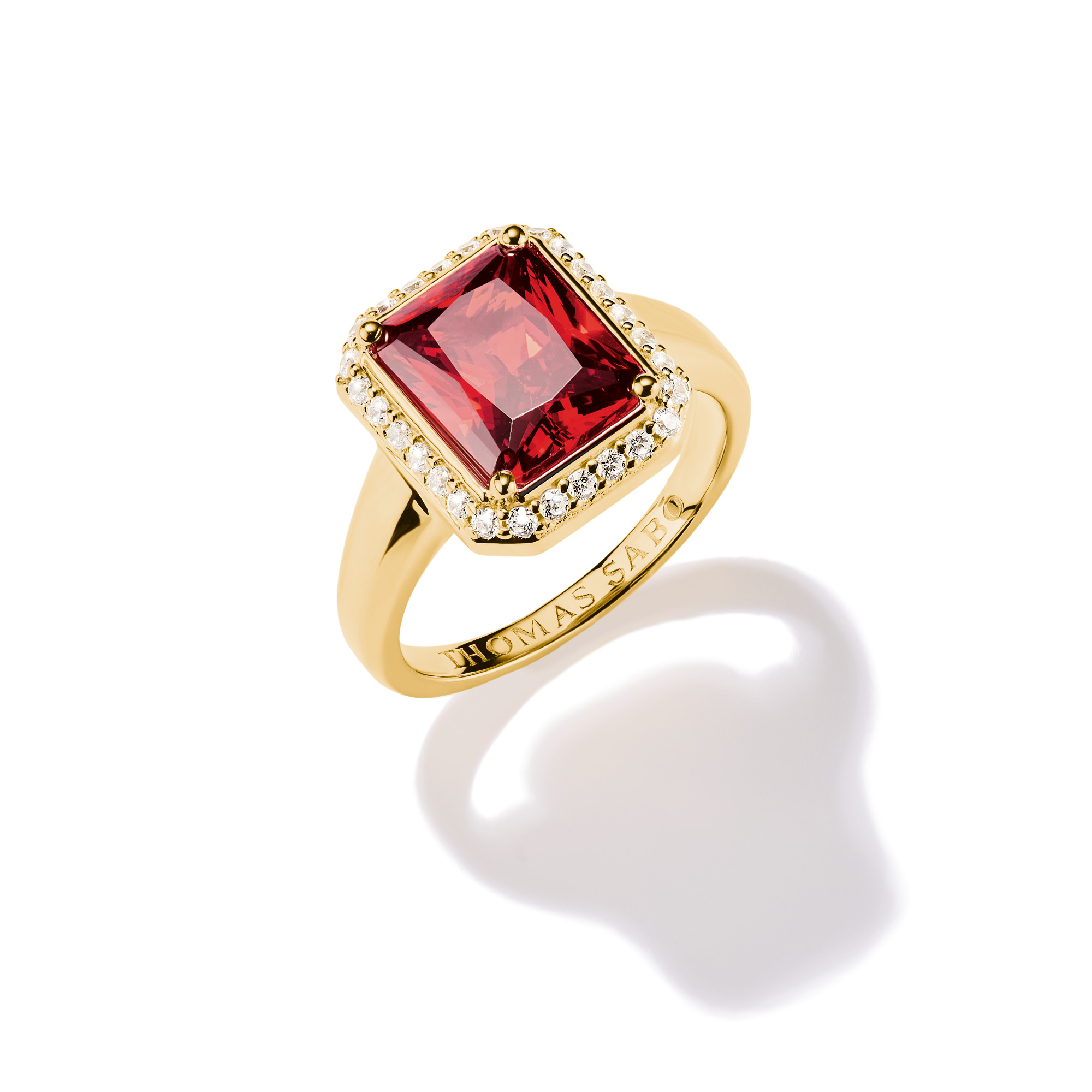 Thomas Sabo Damenring mit rotem Oktagon-Zirkonia, 18k vergoldet, 925 Silber, Größe 56, goldfarben