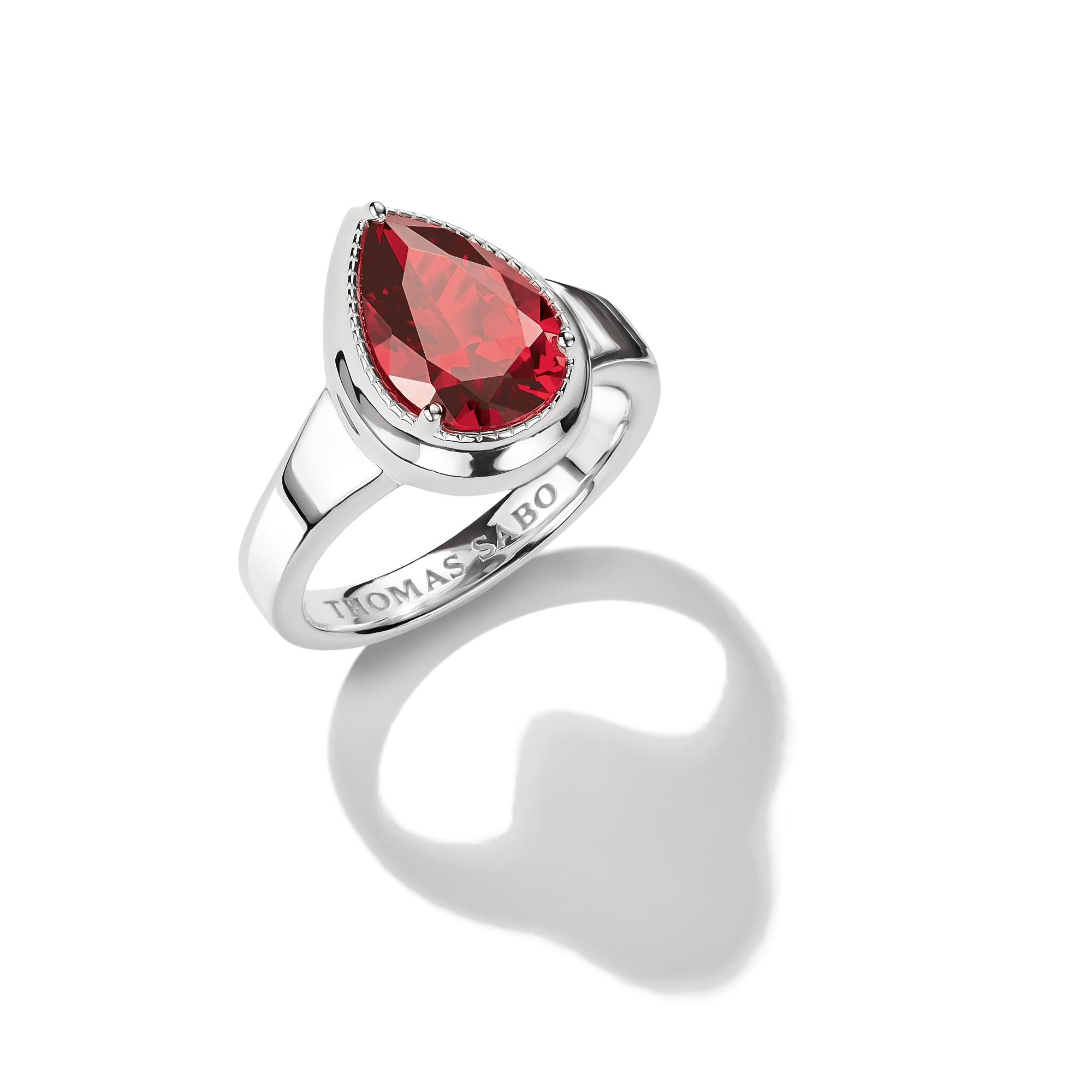 Thomas Sabo Damenring mit granatrotem Zirkoniastein in Tropfenform, 925 Silber, Größe 56