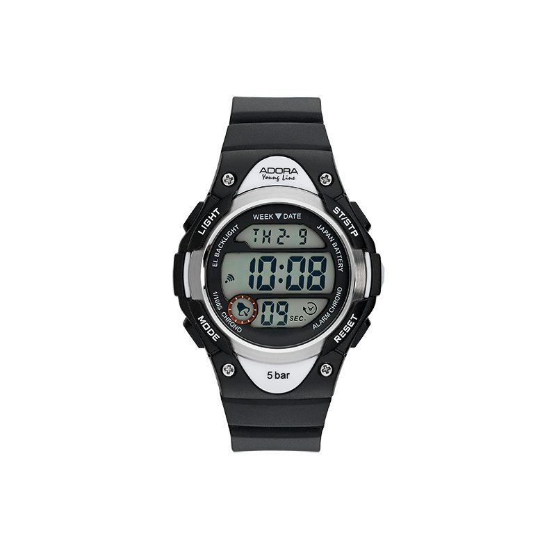 Adora Kinderuhr schwarz/silber, digitale Armbanduhr mit Stoppuhr, Alarm und Licht, 35mm, wasserdicht bis 5 Bar