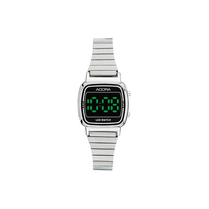 Adora Damenuhr für Kinder, silberfarben mit schwarzem Edelstahlarmband, LED-Anzeige, 24mm Quarz-Digital