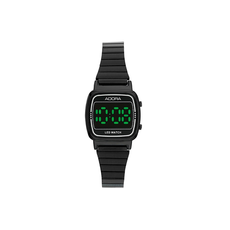 Adora Damenuhr Schwarz, Edelstahl/PVD Armband, 24mm, Wasserdicht, LED Display, Quarz-Digital