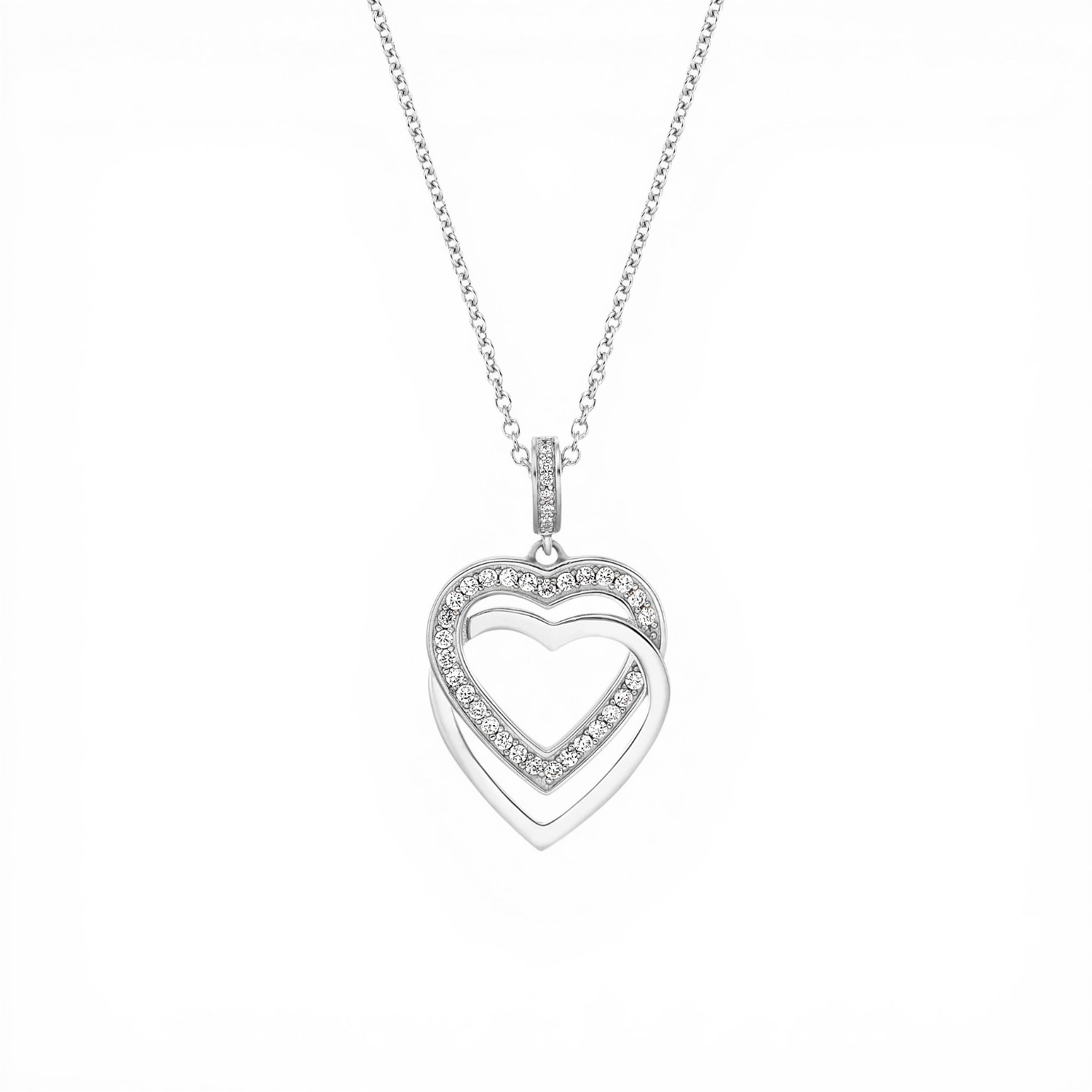 JETTE Kette SWING HEART aus 925 Silber mit Zirkonia, zwei Herzen, Damen, 42/45 cm, silberfarben