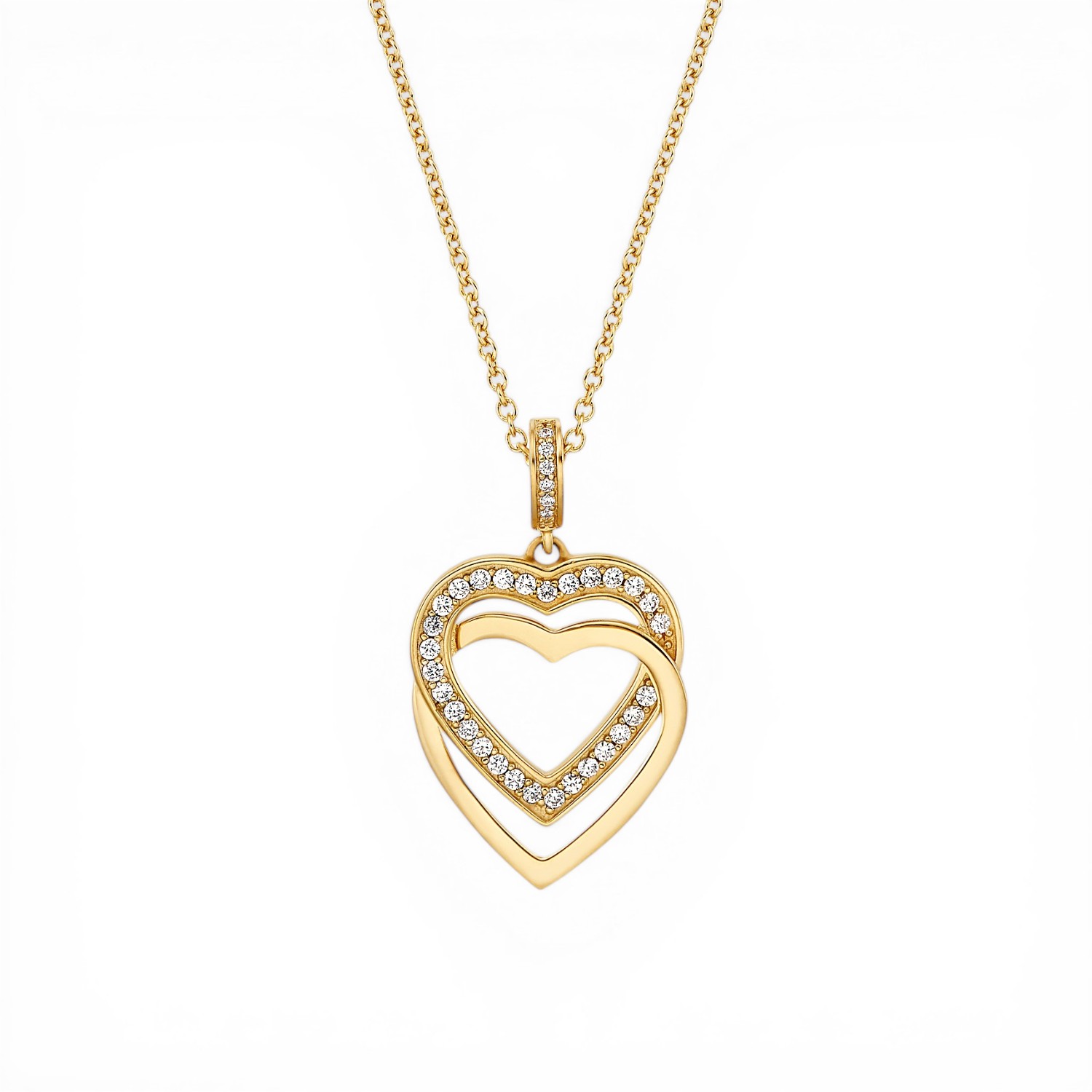JETTE Kette SWING HEART Damen, goldfarbene 925 Silber vergoldet mit Zirkonia, zwei Herzen, 42/45cm