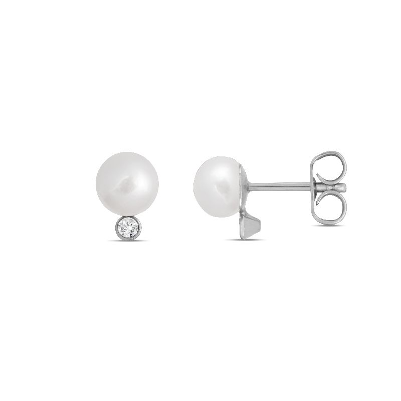 Schmidt Ohrstecker Silber 925 mit Süsswasser-Perlen und Zirkonia für Damen, Ø ca. 6mm, eleganter Ohrschmuck