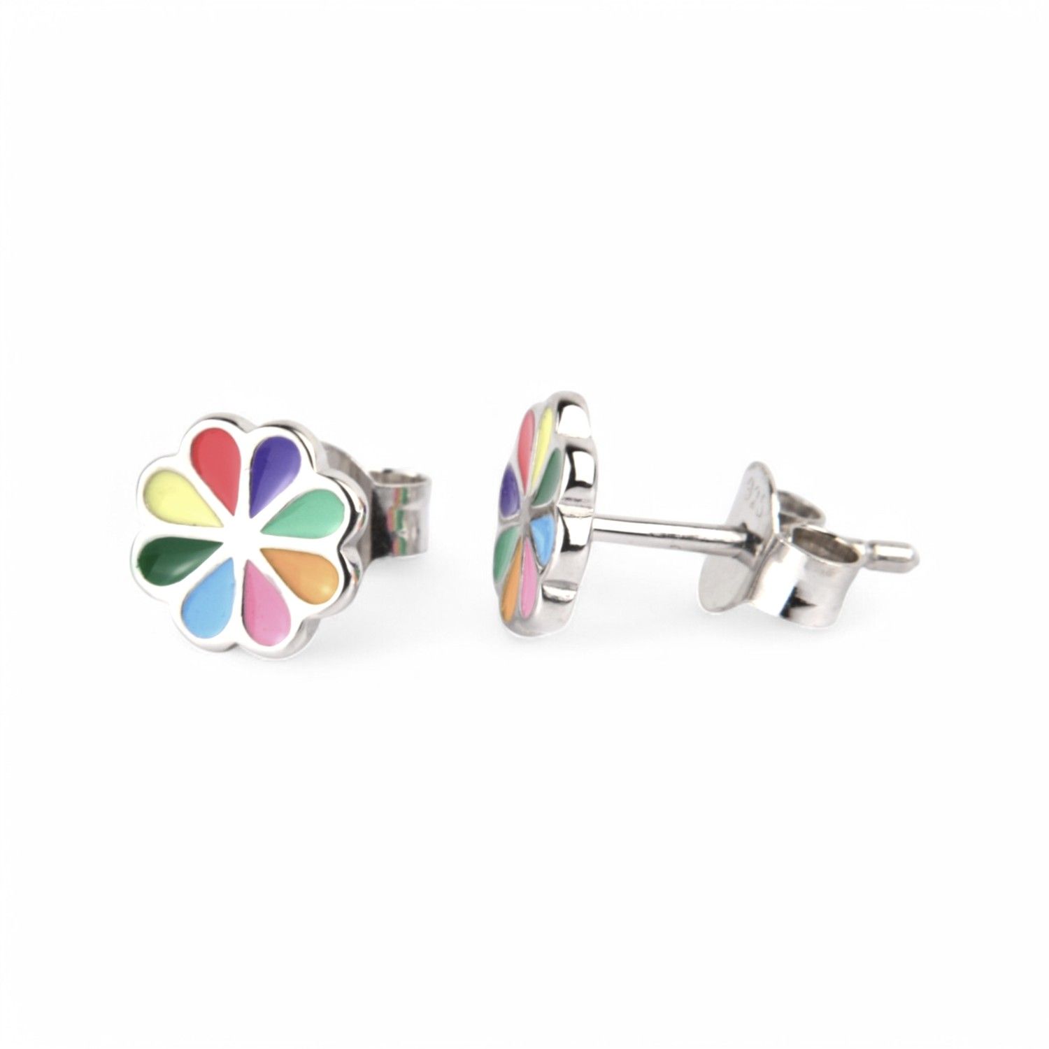 Schmidt Ohrstecker Bunte Blume aus 925 Silber für Kinder, 7mm, silberfarben mit bunten Akzenten