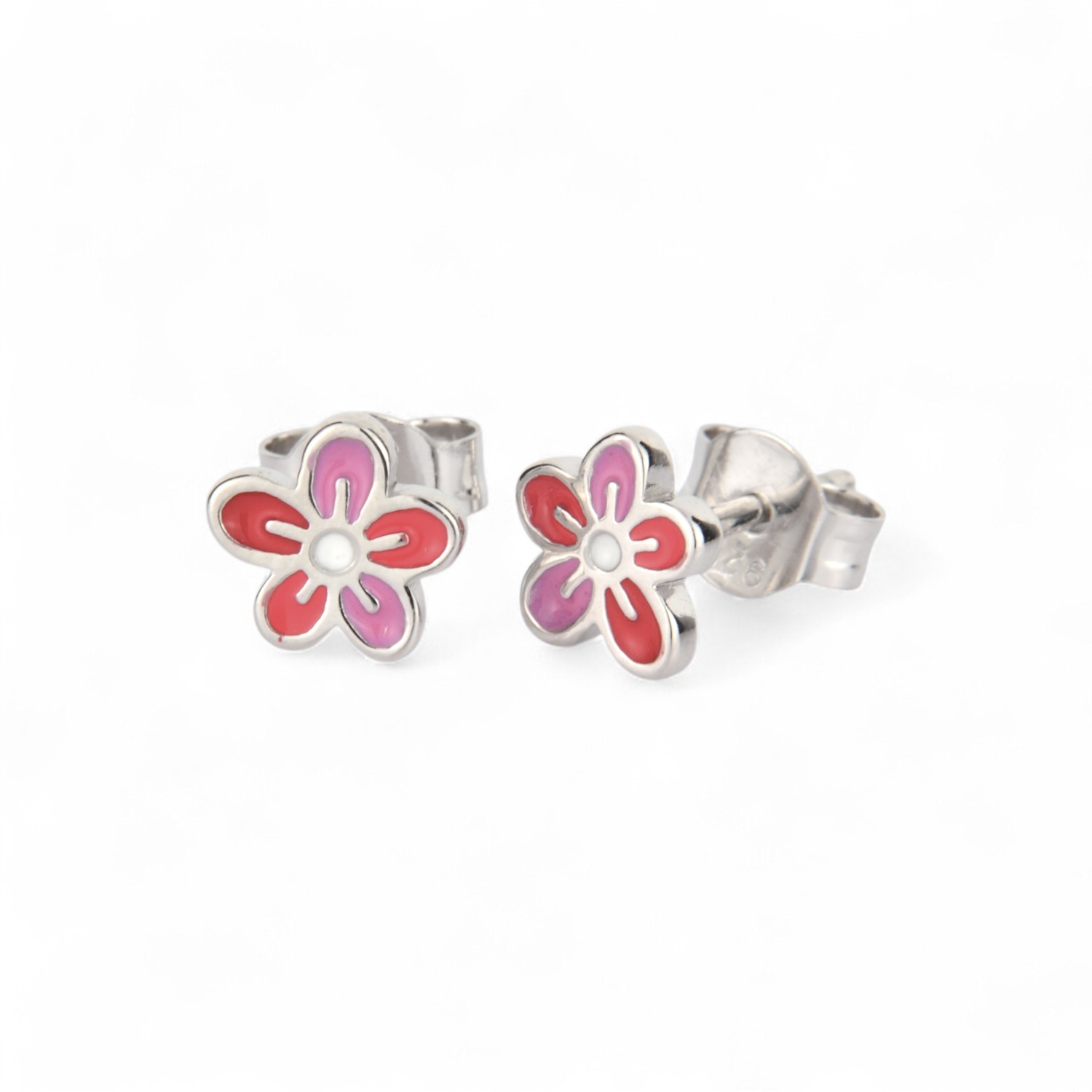 Schmidt Kinderohrstecker Blume aus 925er Silber in Silber, Rot und Rosa – Ohrschmuck für Mädchen