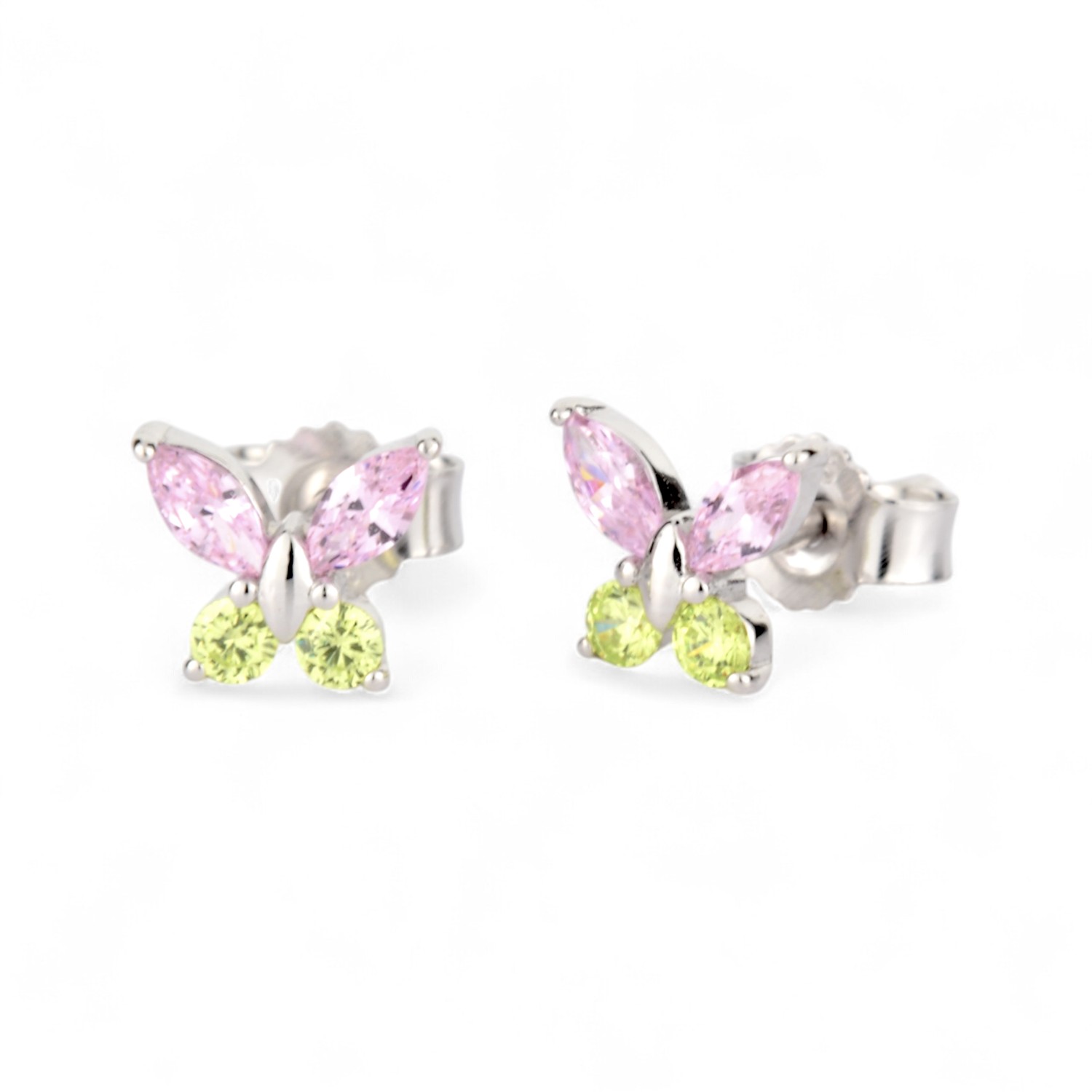 Schmidt Kinderohrstecker Schmetterling aus 925 Silber mit Zirkonia in Silber, Grün und Rosa für Mädchen