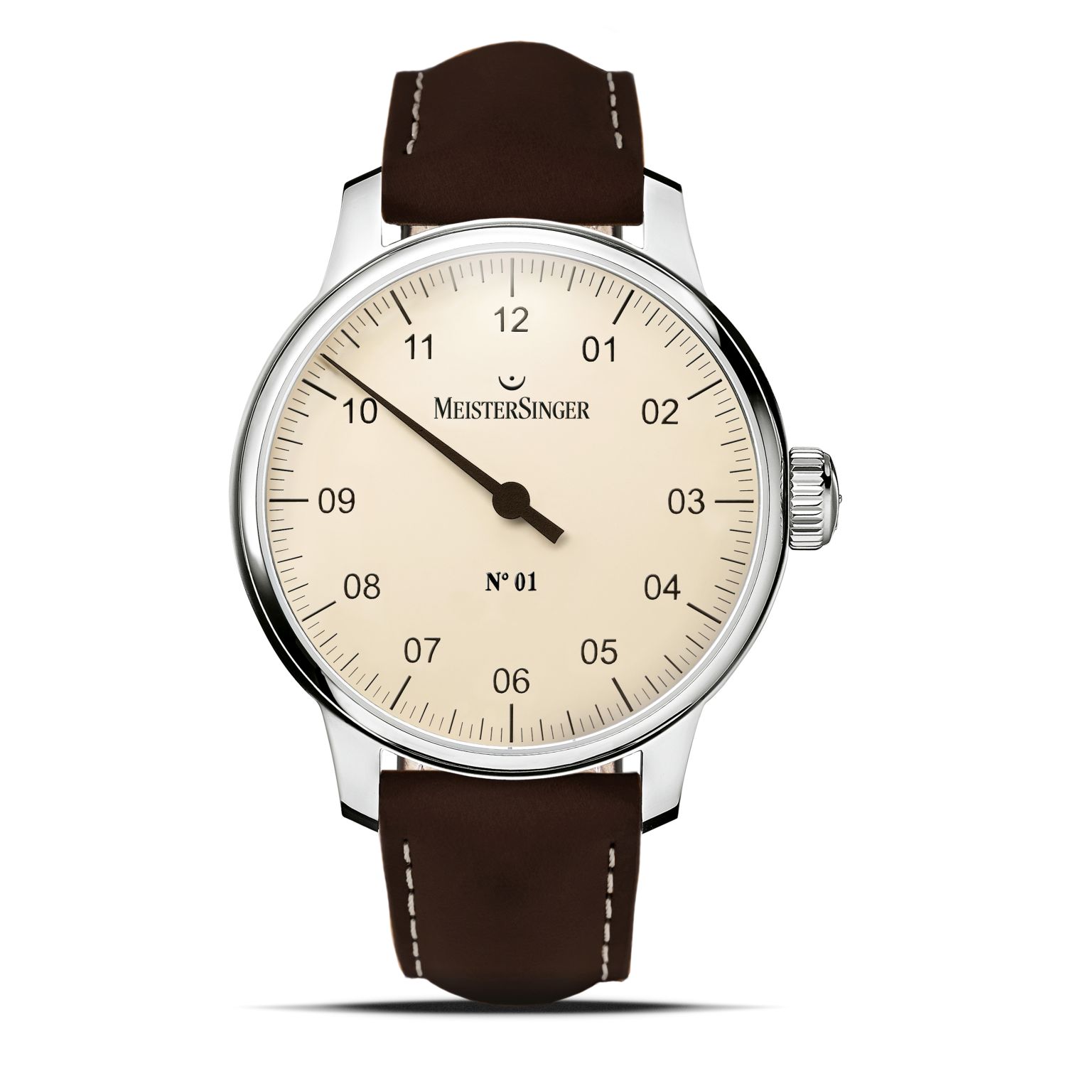 Meistersinger Einzeigeruhr N°01 Herren, 43mm Edelstahl, Lederarmband, Safirglas, 5 Bar