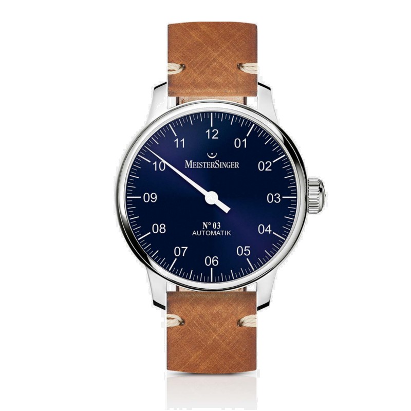 Meistersinger Einzeigeruhr N°03 Automatikuhr mit Sattellederarmband, Edelstahl, Safirglas, Herren,