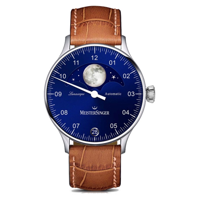 Meistersinger Lunascope Herrenarmbanduhr Blau mit Mondphasen, Automatik, 41mm Edelstahl, Lederarmband, 5 Bar