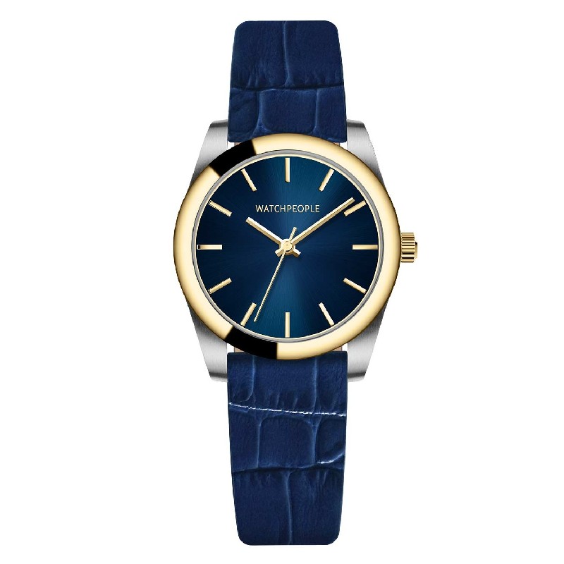 Watchpeople BS Audrey Damenuhr - Gold/Blau, Lederarmband, 34mm, Wasserdicht 10 Bar