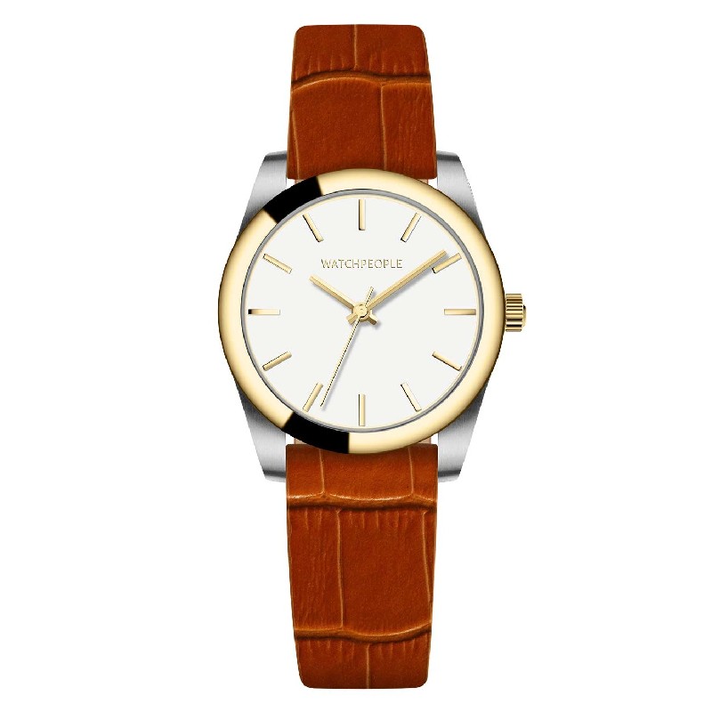 Watchpeople BS Audrey Damen Armbanduhr 34mm, gold/weiß/silber, Lederarmband, 10 Bar