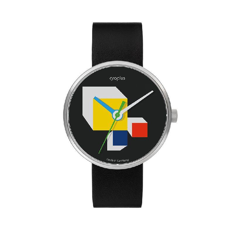Walter Gropius Hausbauhaus Unisex Armbanduhr, Leder, 39mm Edelstahl, Safirglas, Silber/Schwarz