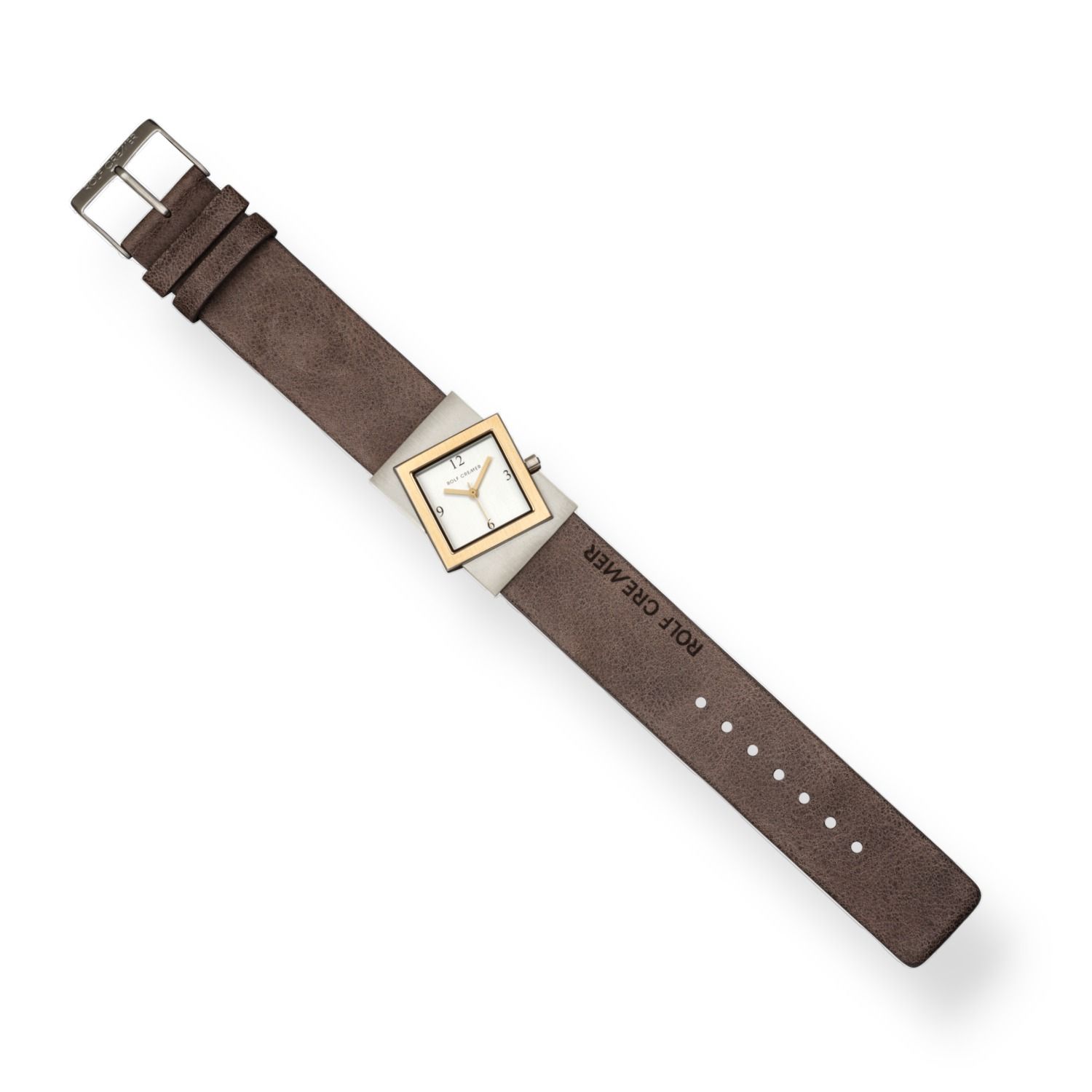 Rolf Cremer Damen Armbanduhr Modell Turn-S, goldfarbenes Edelstahlgehäuse, Lederband schlamm, 35mm,