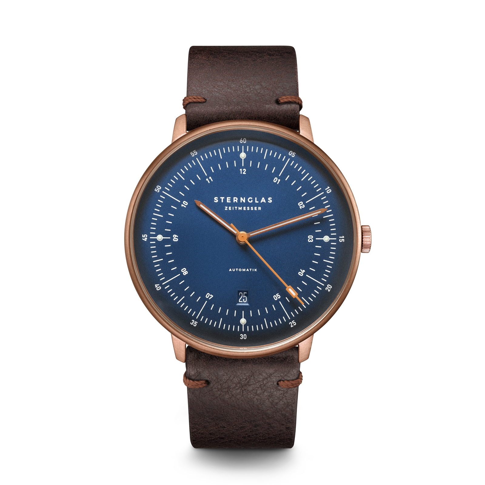 STERNGLAS Hamburg Bronze Automatik Herrenuhr, Blau/Braun Leder, 42mm Safirglas, 5 Bar