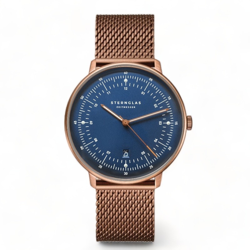STERNGLAS Hamburg Bronze Herren Armbanduhr 42mm Edelstahl blau Quarz-Analog mit Safirglas, 5 Bar wasserdicht