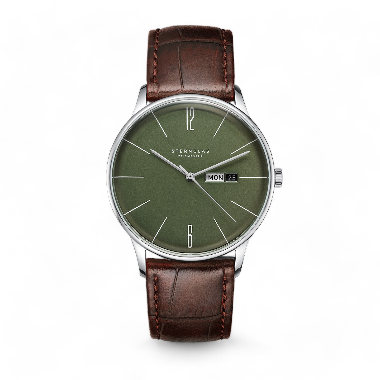 STERNGLAS BERLIN Herren Armbanduhr olivgrün Leder 38mm Edelstahl Quarz mit Safirglas, wasserdicht bis 5 Bar