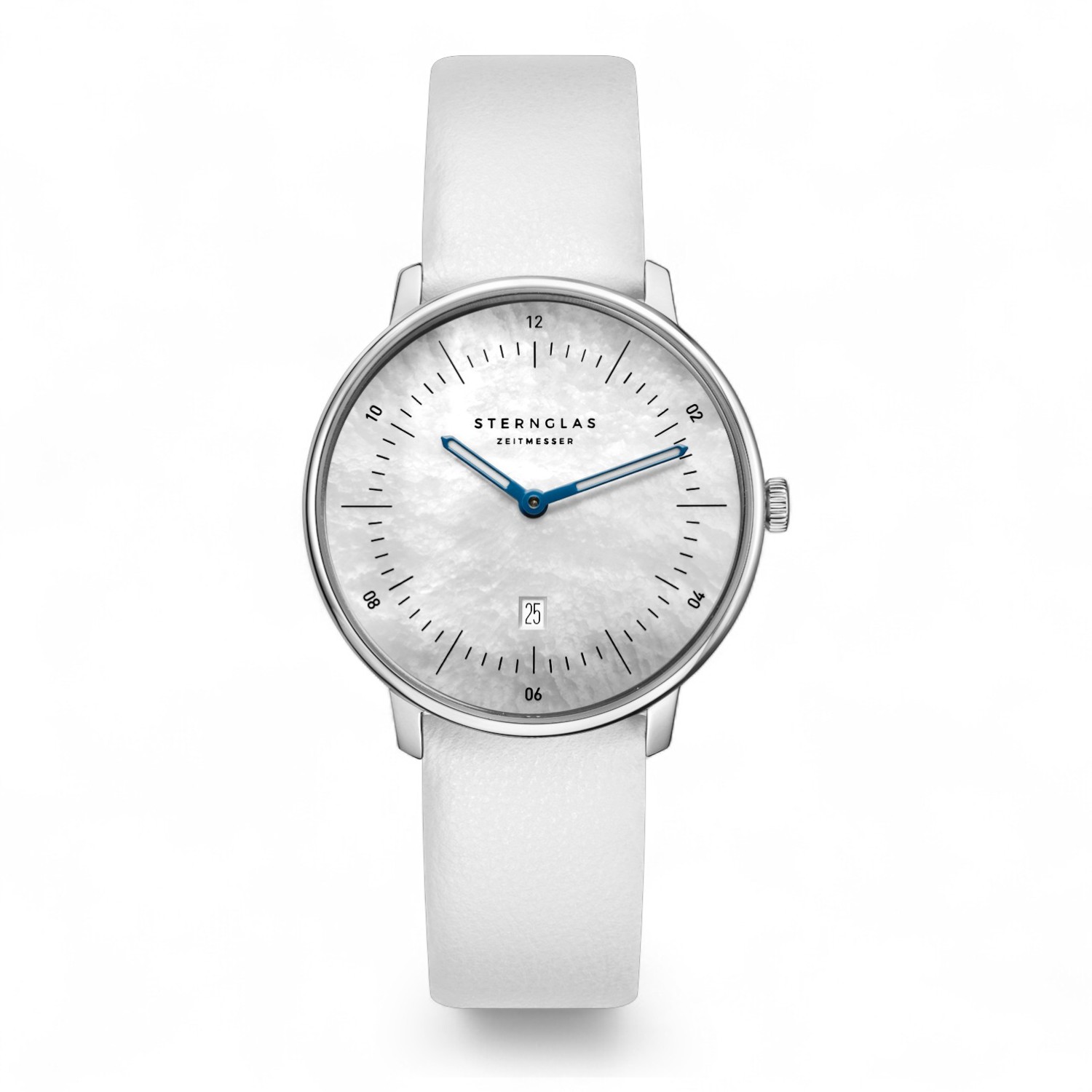 STERNGLAS Naos XS Perlmutt Damen Armbanduhr 33mm Edelstahl Quarz mit Lederarmband silber-weiß, 5 Bar