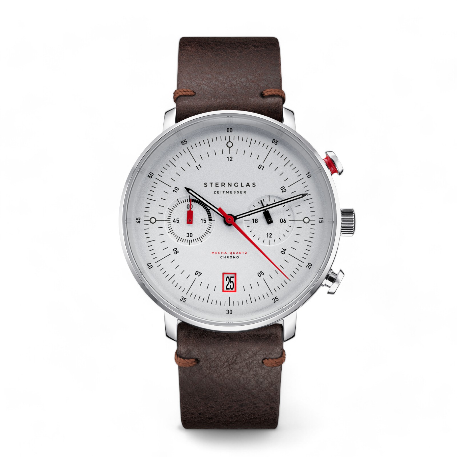 STERNGLAS Hamburg Chrono Armbanduhr, 41mm Edelstahl, Safirglas, Lederarmband mokka