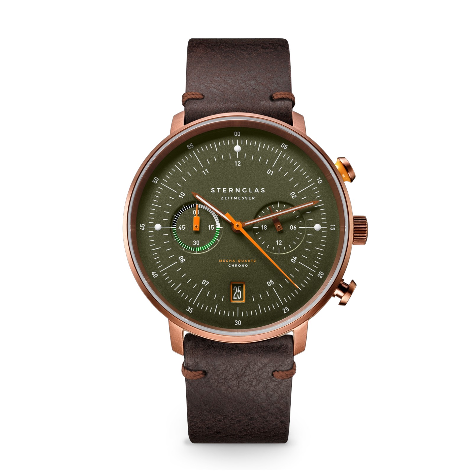 STERNGLAS Hamburg Chrono Herren Armbanduhr dunkelgrün bronze Edelstahl 42mm Quarz-Chronograph Safirglas